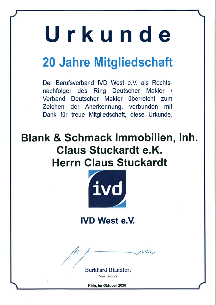 20 Jahre Mitglied im IVD West e.V.